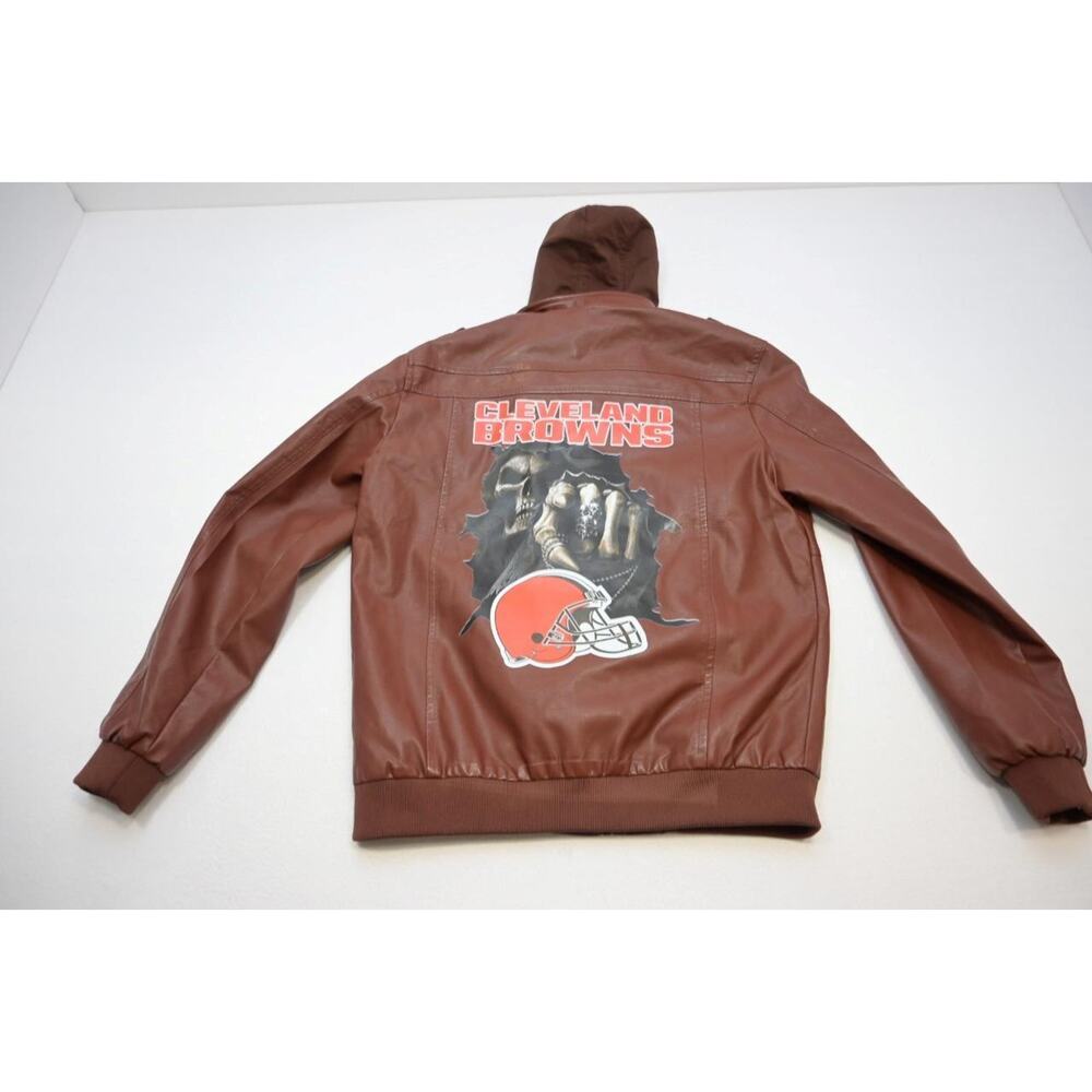 NFL‎ Cleveland Browns Pleather Military Cargo Jacket Hooded Mens Size Large - Picture 10 of 11